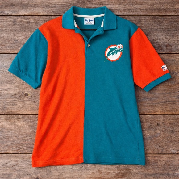 The Game Other - Vintage 90s The Game Miami Dolphins Split Polo Medium NFL Logo Shirt Teal Orange
